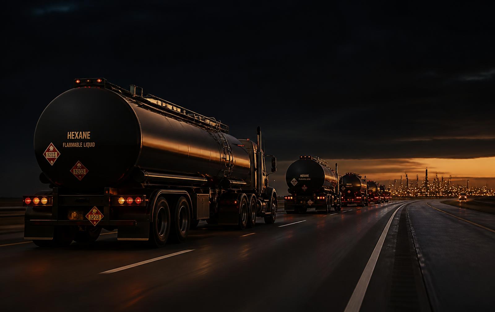 Golden Chemical Agency tanker fleet moving chemicals on the highway at dusk