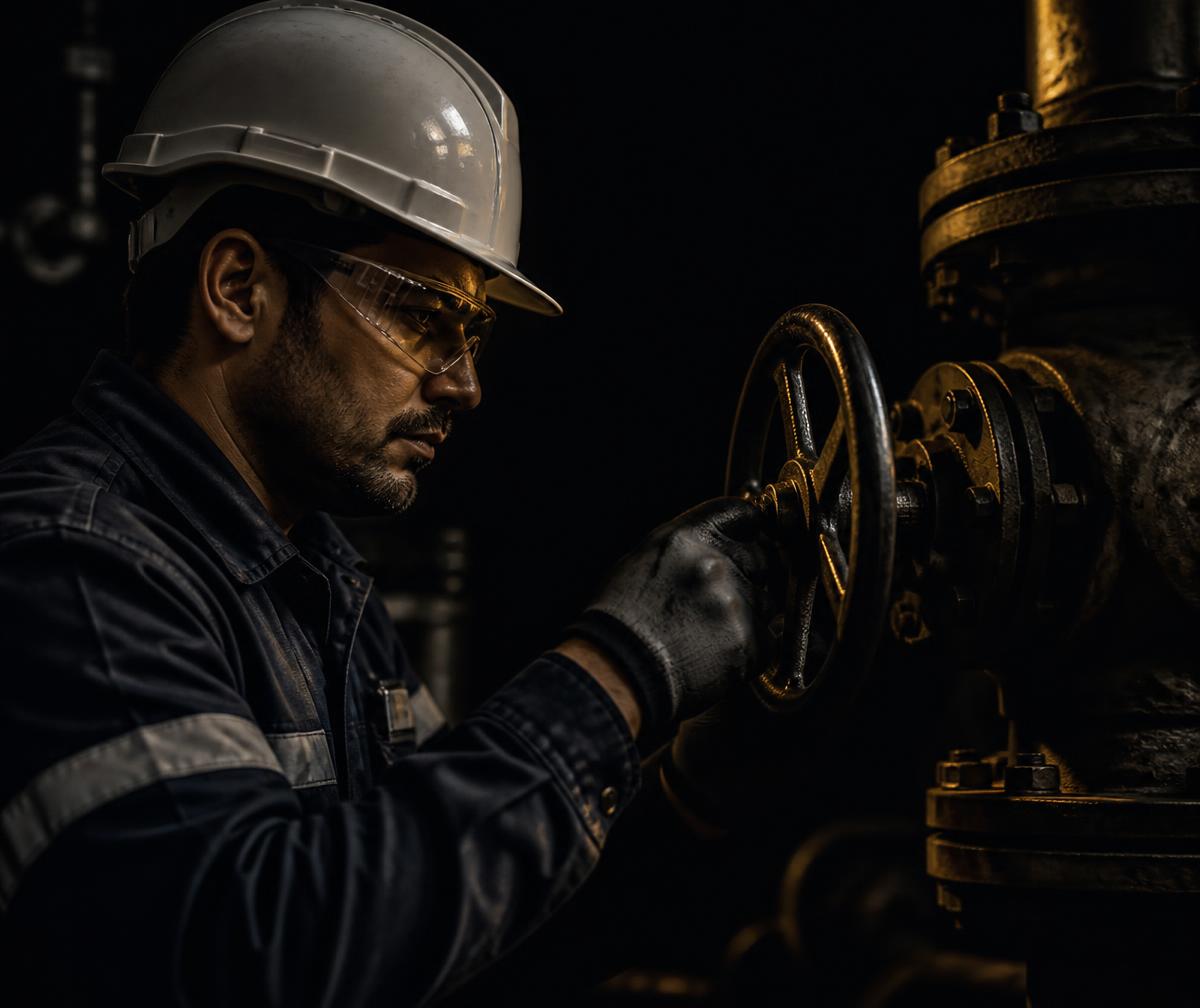 Technician in safety gear inspecting a chemical plant valve