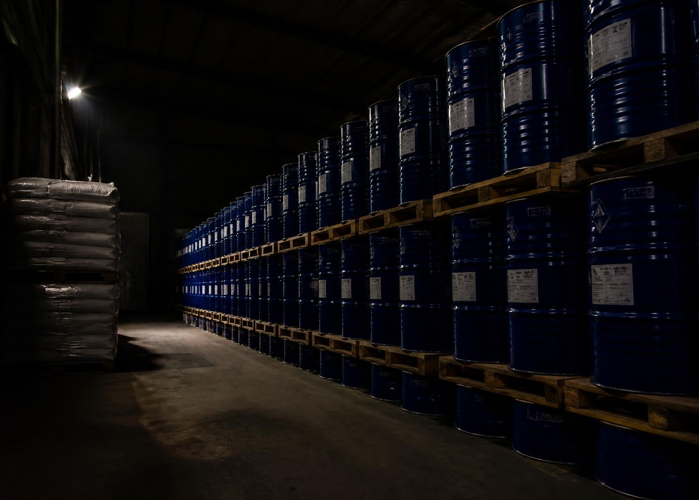 Chemical drums stacked in a warehouse